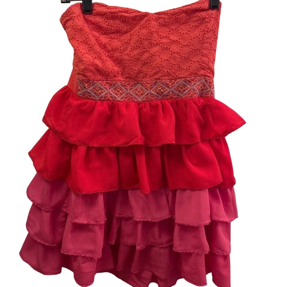 Flying Tomato Womens Red Pink Tiered Ruffle Strapless Mini Dress Eyelet Boho M